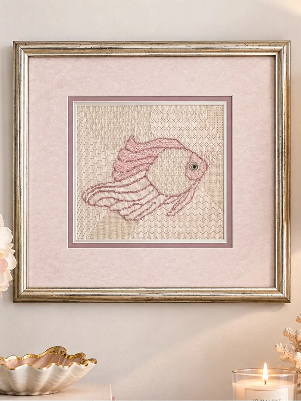 Vintage Pink Fish Needlepoint Embroidery Framed Textile Fiber Art Coastal 12”